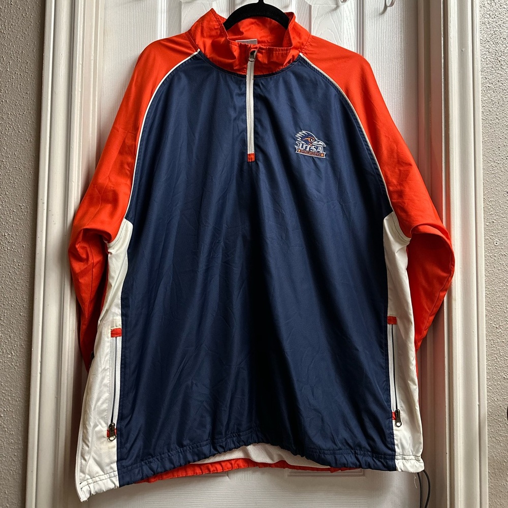 Navy and orange 1/4 zip UTSA windbreaker jacket